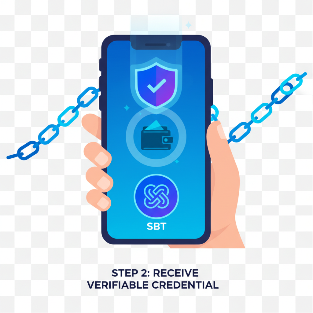 digital wallet receiving glowing verifiable credential token, SBT icon, blockchain chain links, vibrant blue tones