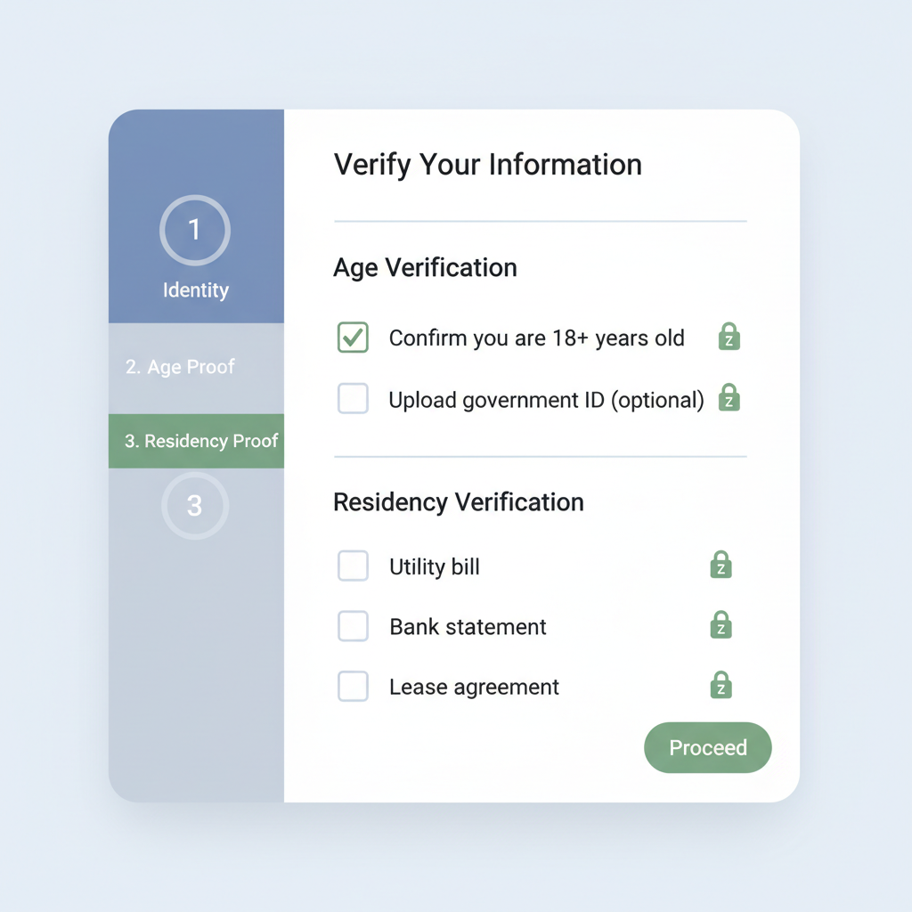 user interface selecting checkboxes for age and residency proofs, zero-knowledge symbols, minimalist dashboard
