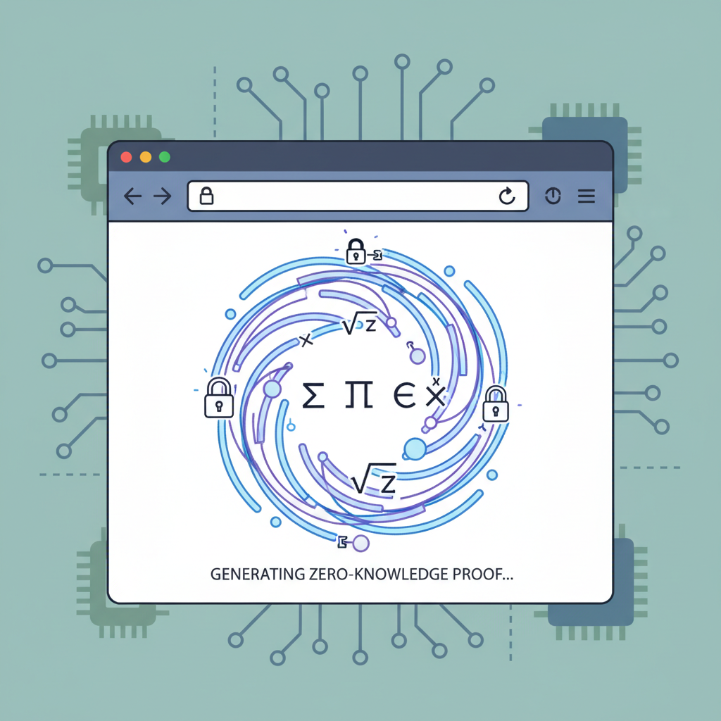browser window generating swirling zero-knowledge proof animation, math symbols and locks, high-tech circuit board background
