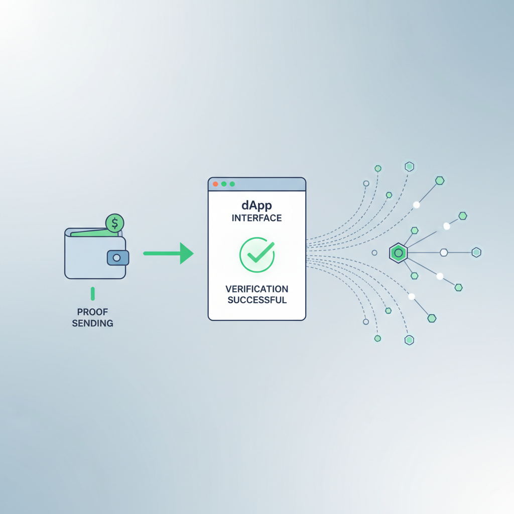 wallet sending proof arrow to dApp interface, verification checkmark, decentralized network nodes connecting
