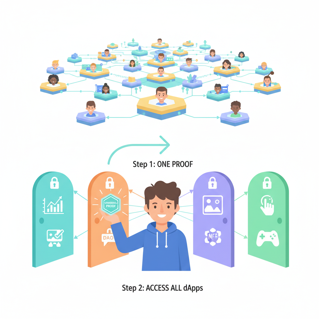 user accessing multiple dApps with one proof, unlocked doors, happy relatable avatar, expansive web3 ecosystem view