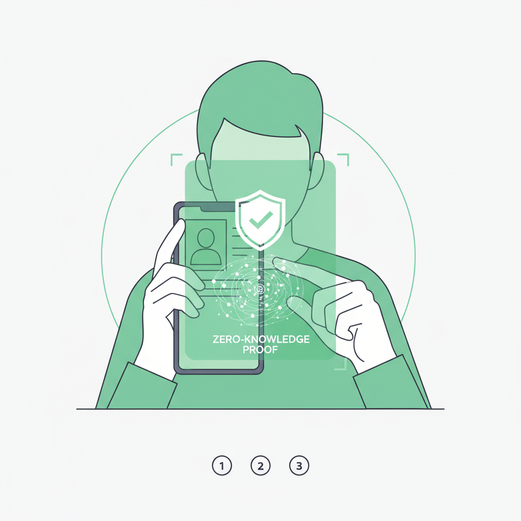 user scanning ID on phone, privacy shield icon, zero-knowledge proof visualization, secure green glow