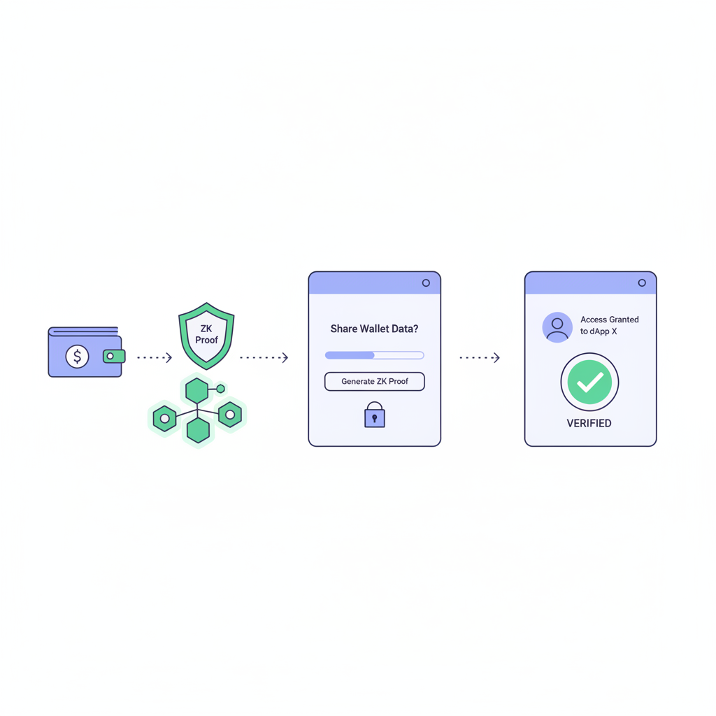 wallet sharing ZK proof to dApp interface, checkmark verification, decentralized network nodes