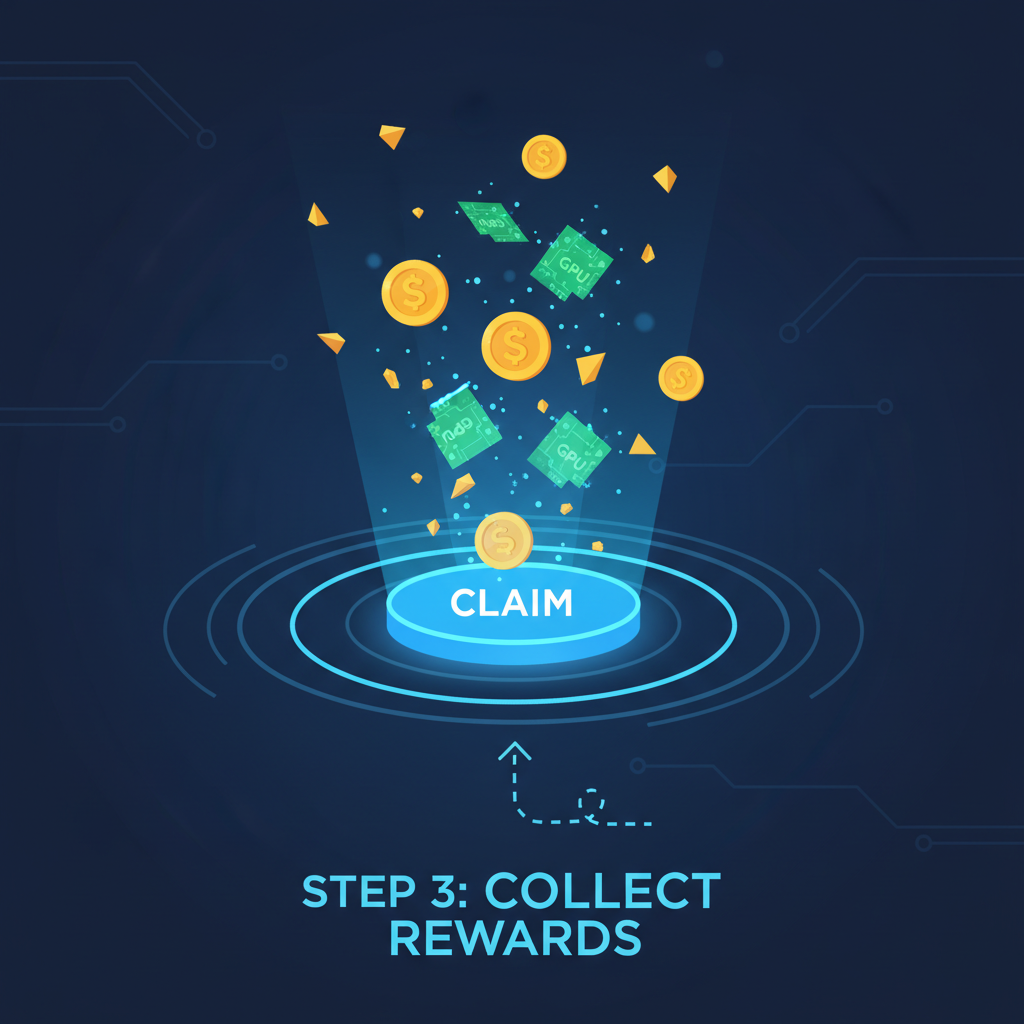 pulsing claim button exploding with SOL and GPU tokens