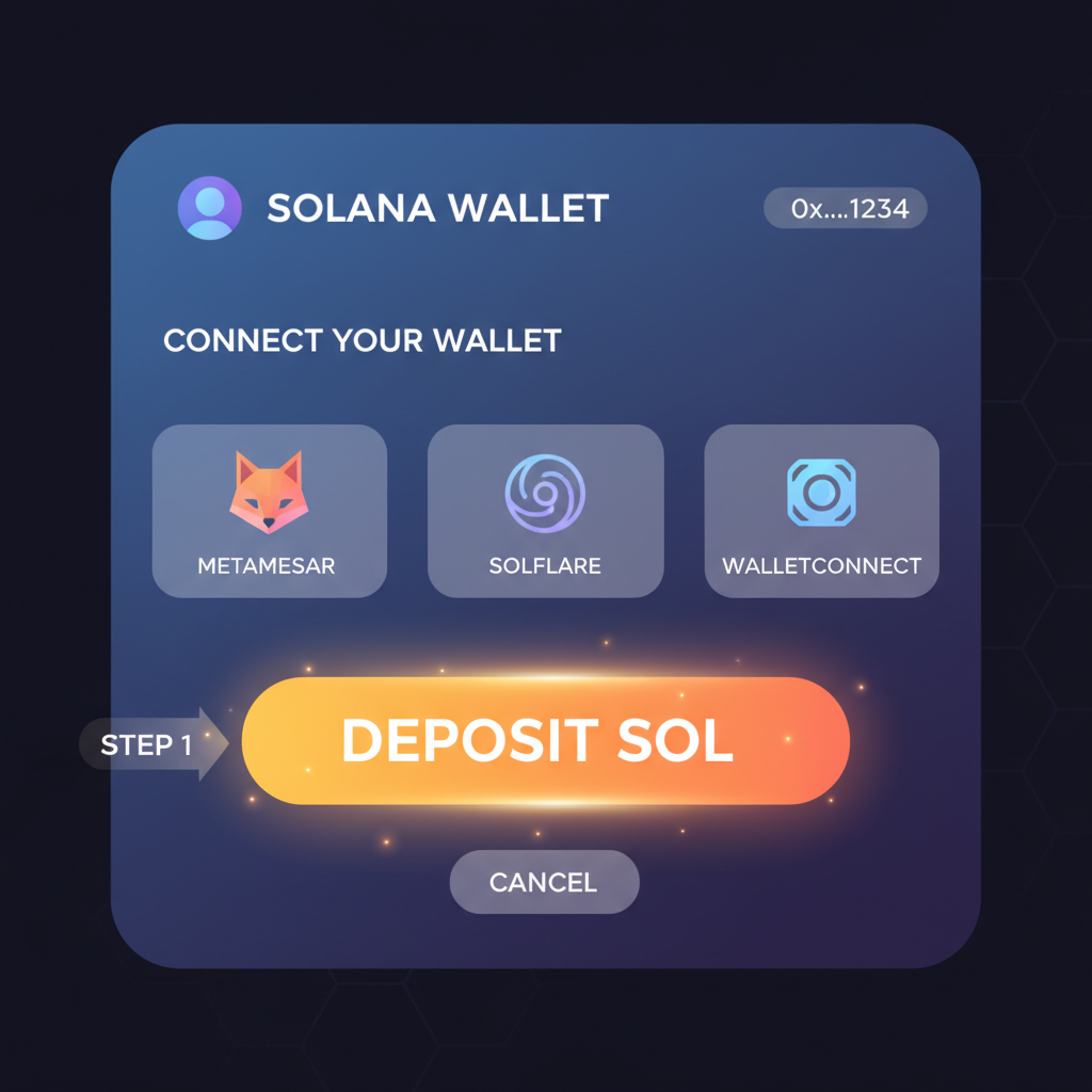 futuristic solana wallet connection screen with SOL deposit button glowing