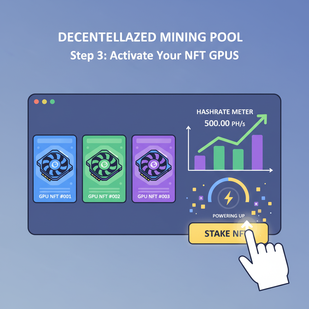 staking interface with NFT GPUs powering up hashrate meter