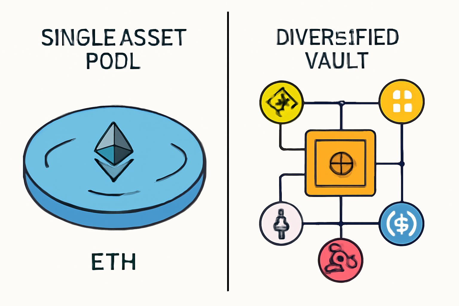 A split screen: one side shows a single asset pool (ETH), the other side shows a diversified vault with multiple crypto icons interconnected.