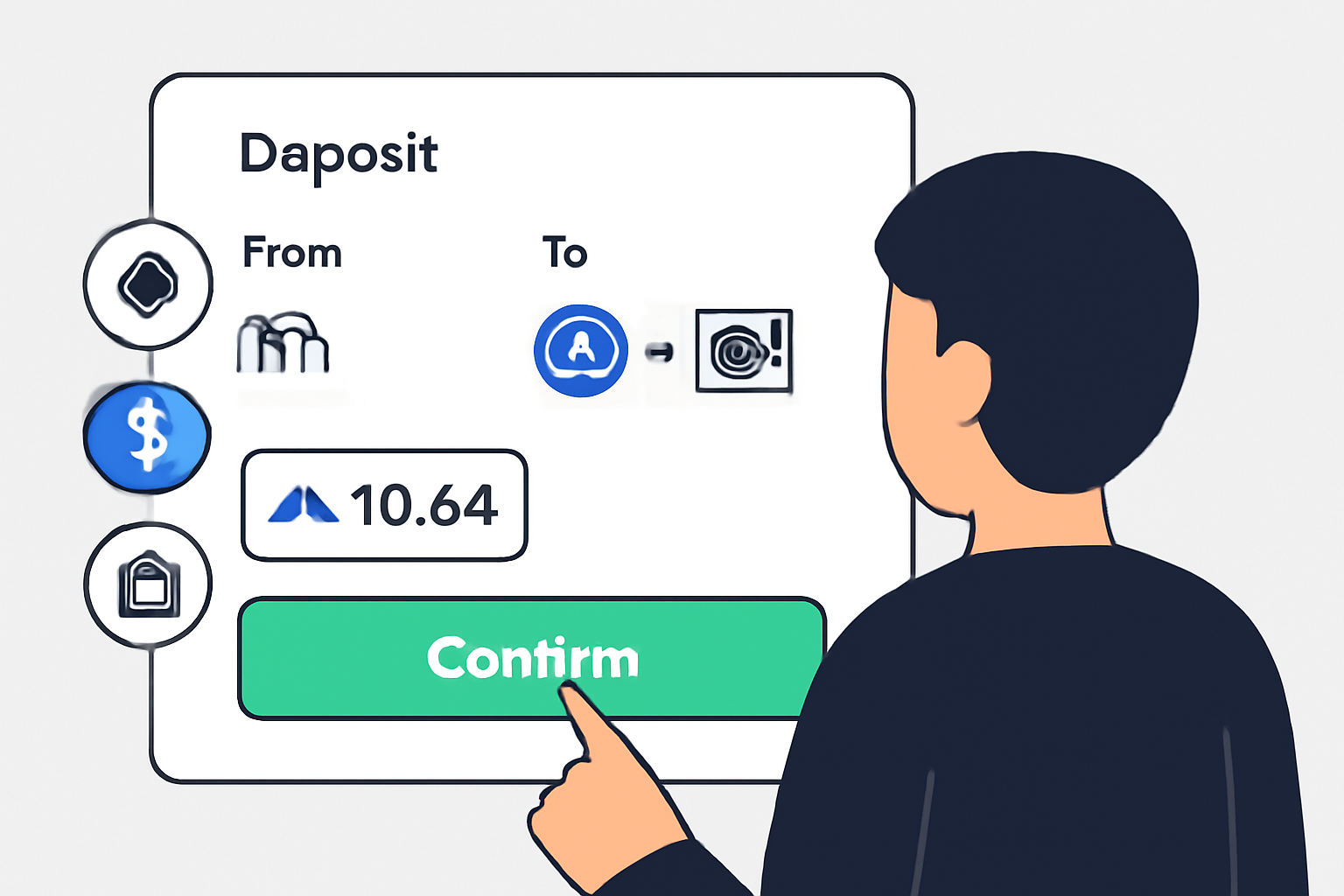 A user confirming a crypto deposit transaction on a DeFi interface, with icons for ETH, USDC, and a vault symbol, and a price tag showing $10.64 for GMX.