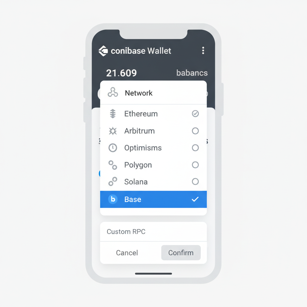 Coinbase Wallet network selector dropdown showing Base highlighted, mobile interface