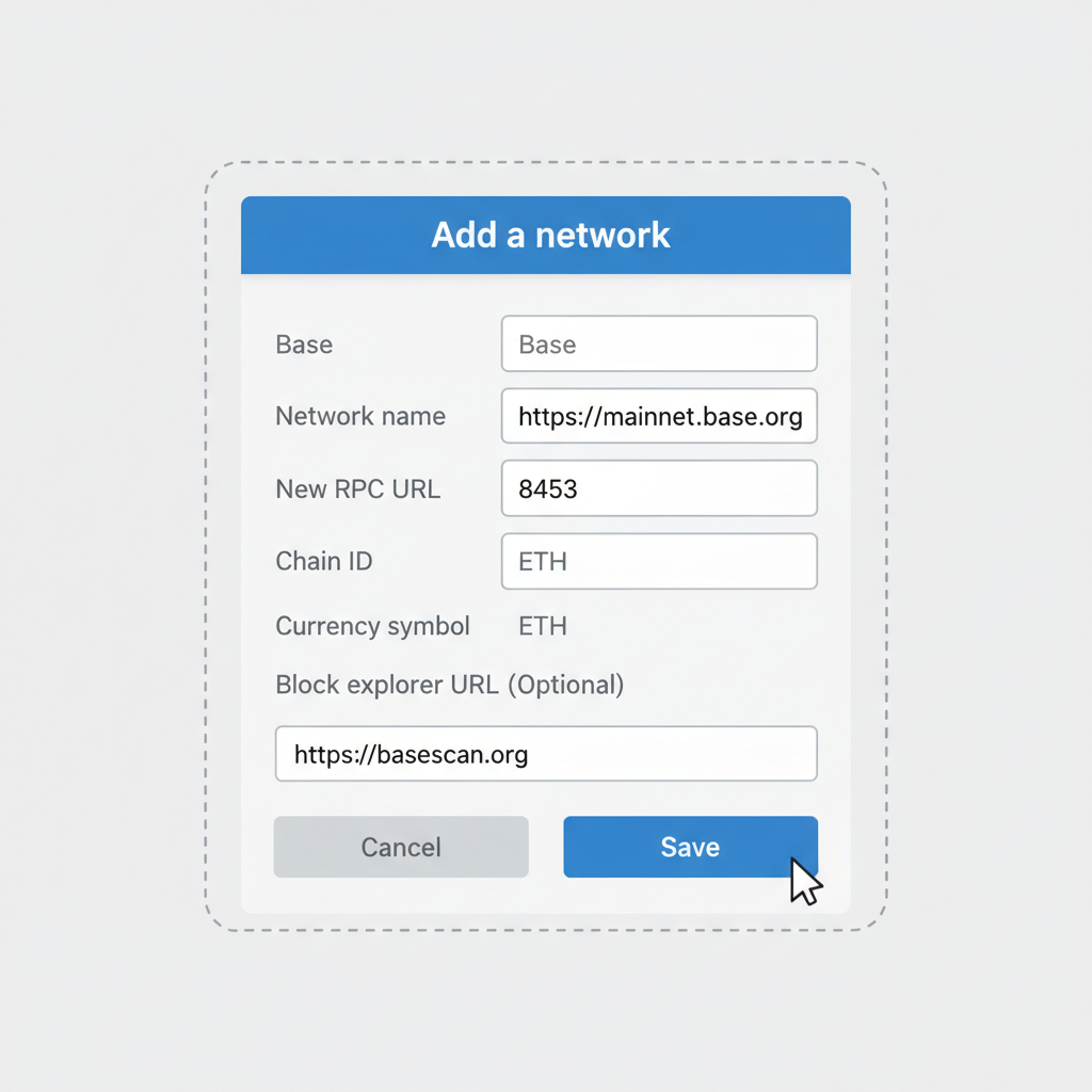 MetaMask add custom network form filled with Base details, RPC URL visible, professional UI
