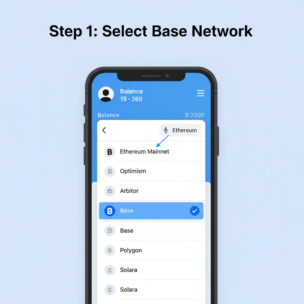 Coinbase Wallet mobile app network selector dropdown highlighting Base network, Ethereum L2 theme