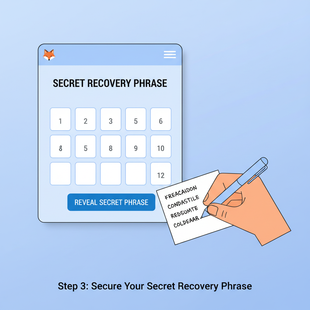 MetaMask wallet creation screen, secret recovery phrase backup illustration, secure handwritten note