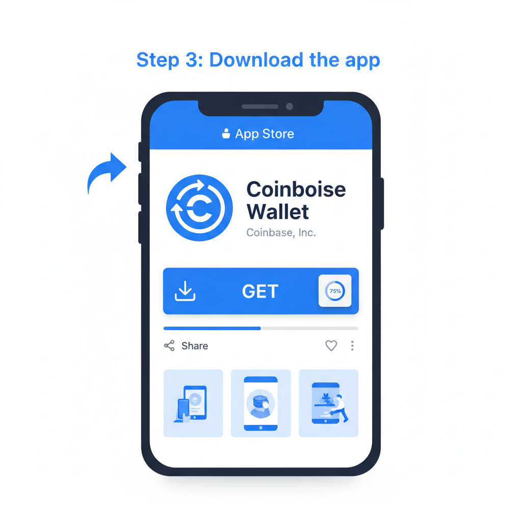 mobile phone screen downloading Coinbase Wallet app from official store, clean modern UI, blue and white colors