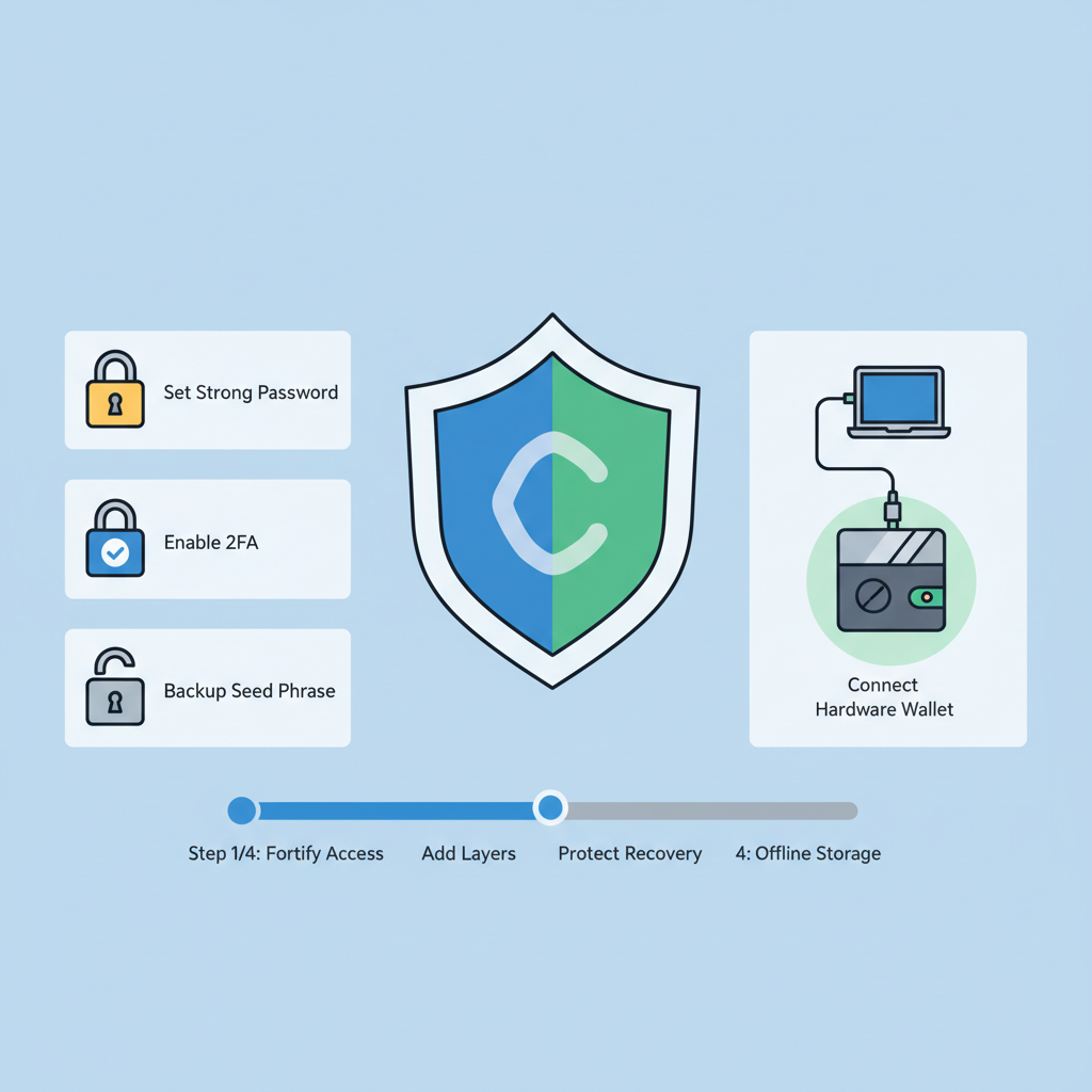 Crypto wallet security dashboard, lock icons, hardware wallet connection, shield emblem
