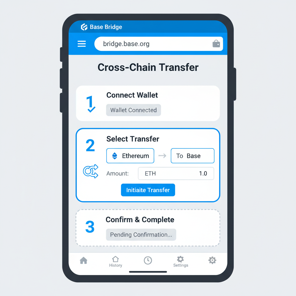 Base bridge website interface in wallet browser, ETH transfer from Ethereum to Base, step-by-step UI
