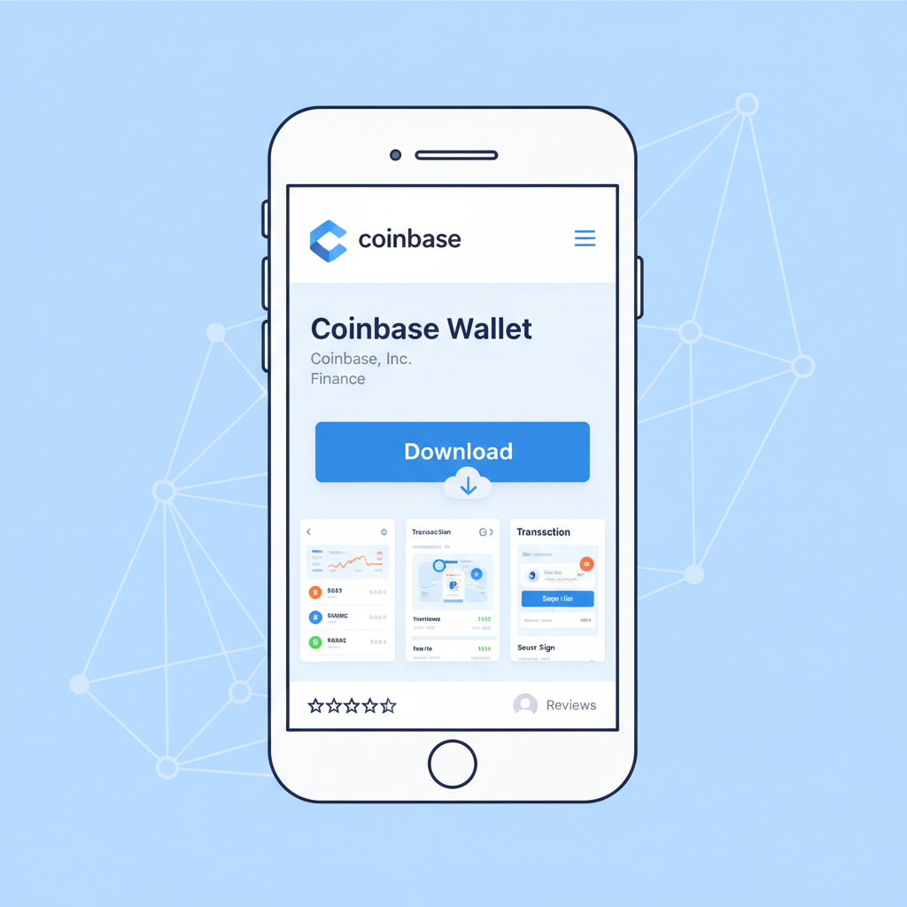 Coinbase Wallet app store page or download screen, mobile phone mockup, official branding