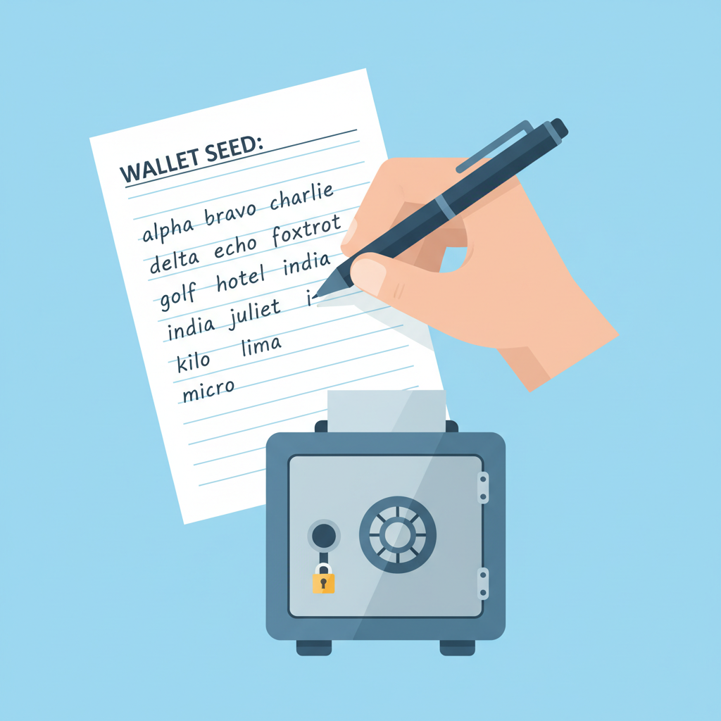 hand writing crypto recovery seed phrase on paper, secure offline storage, illustrative safe box