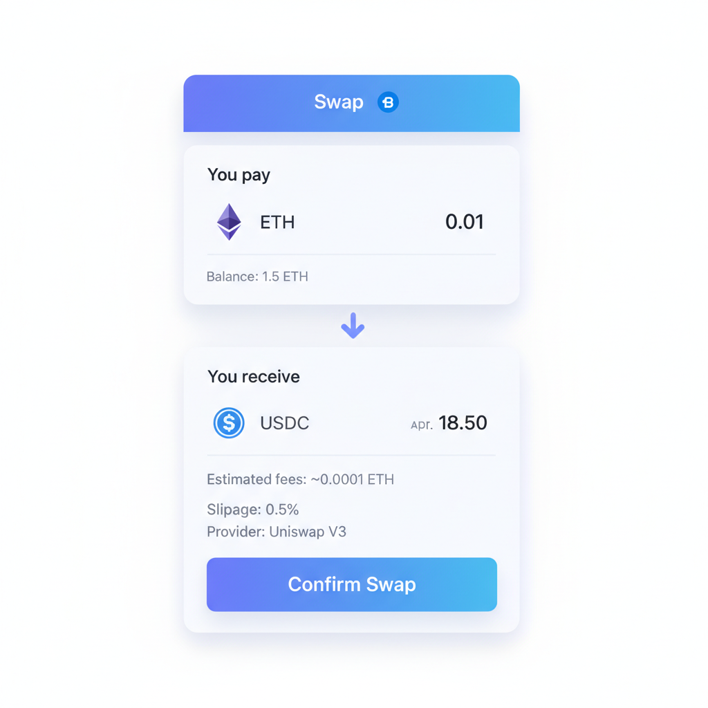 Uniswap on Base swap interface in wallet, ETH to USDC small test transaction