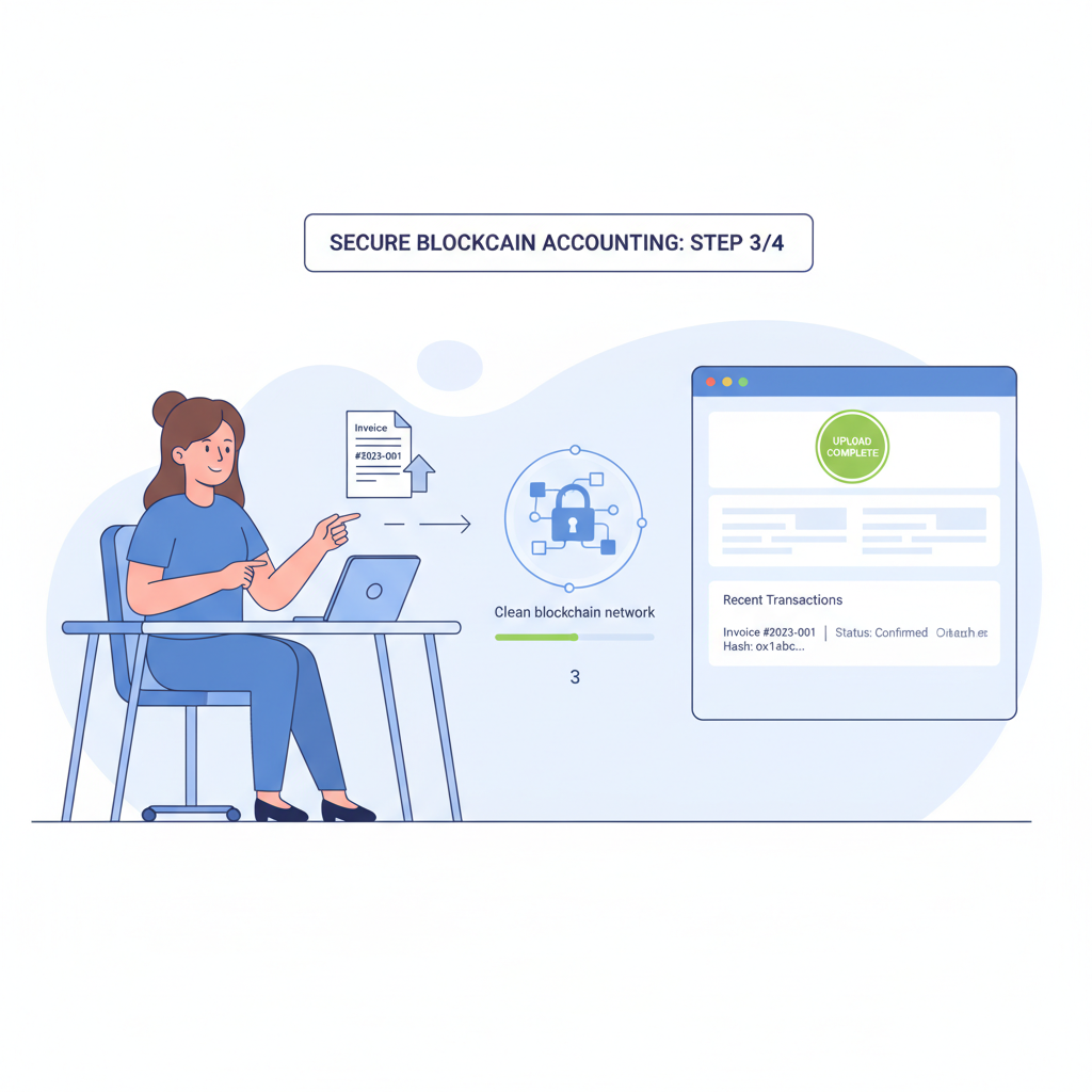 SME business owner uploading invoice PDF to clean blockchain dashboard, professional interface, blue tones