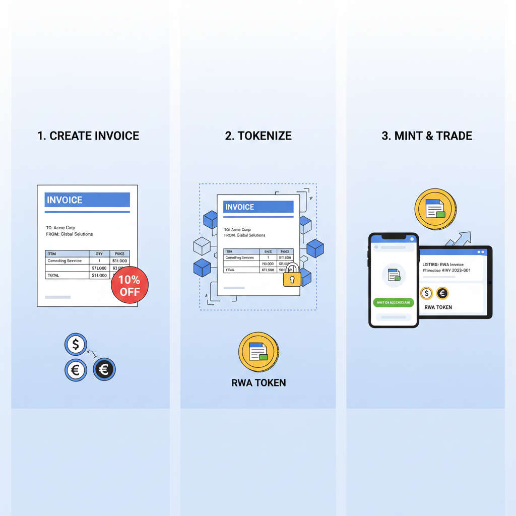minting tokenized invoice as digital asset on blockchain, discount tag, RWA stablecoin symbols