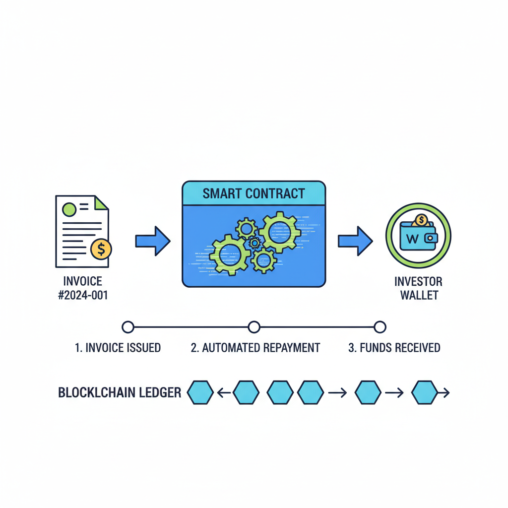 smart contract automating repayment flow from invoice to investor wallet, blockchain gears turning