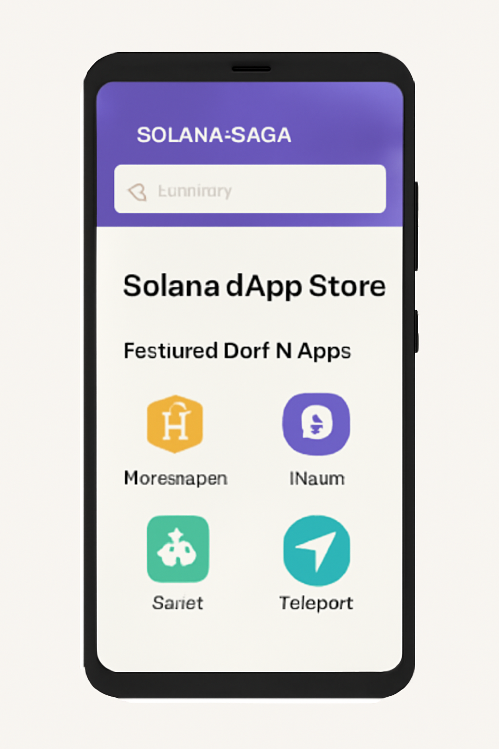 A Solana Saga phone displaying the Solana dApp Store interface with a search bar and featured DePIN apps.