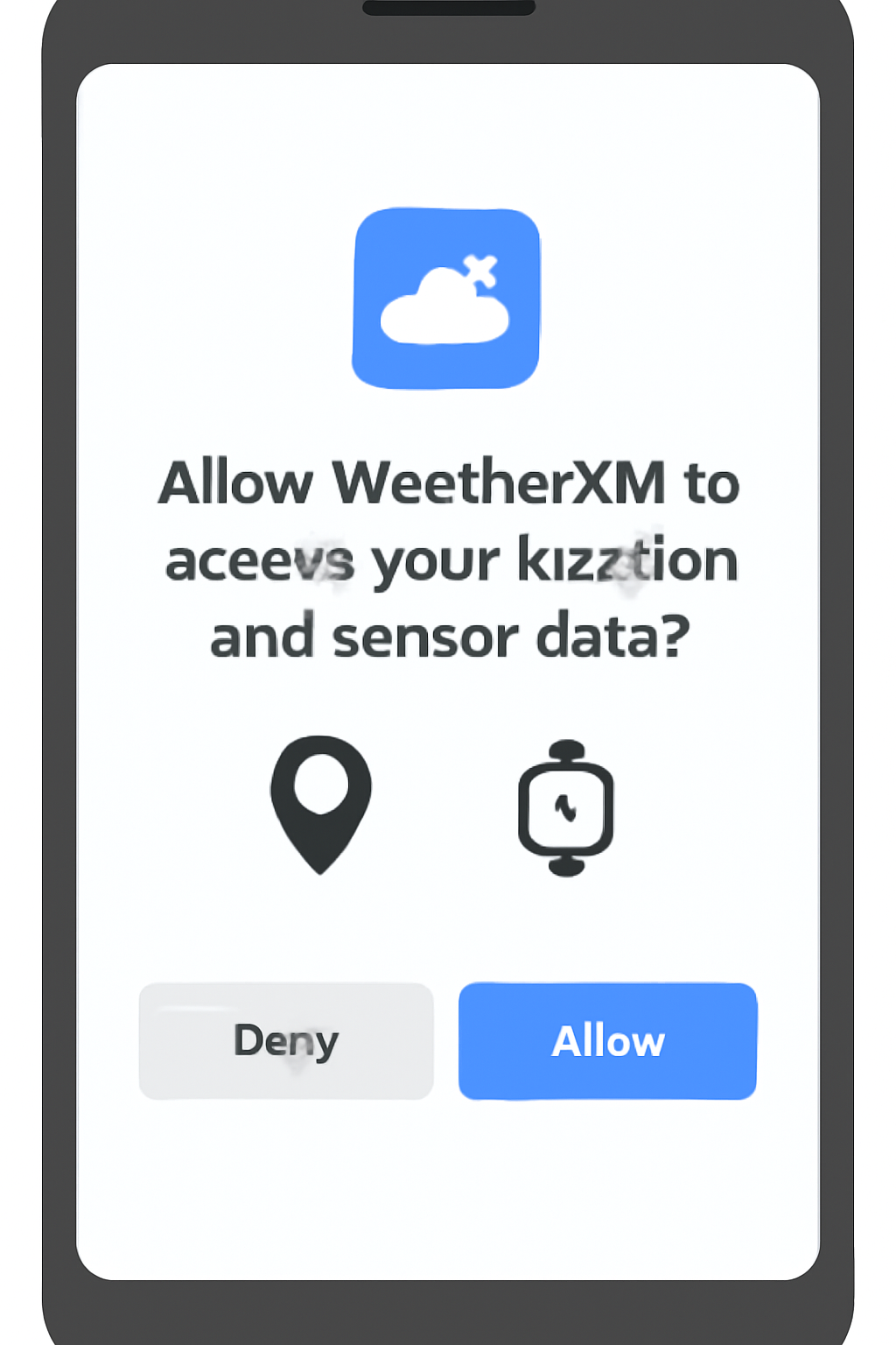 A permissions dialog on the phone, requesting location and sensor access for WeatherXM.