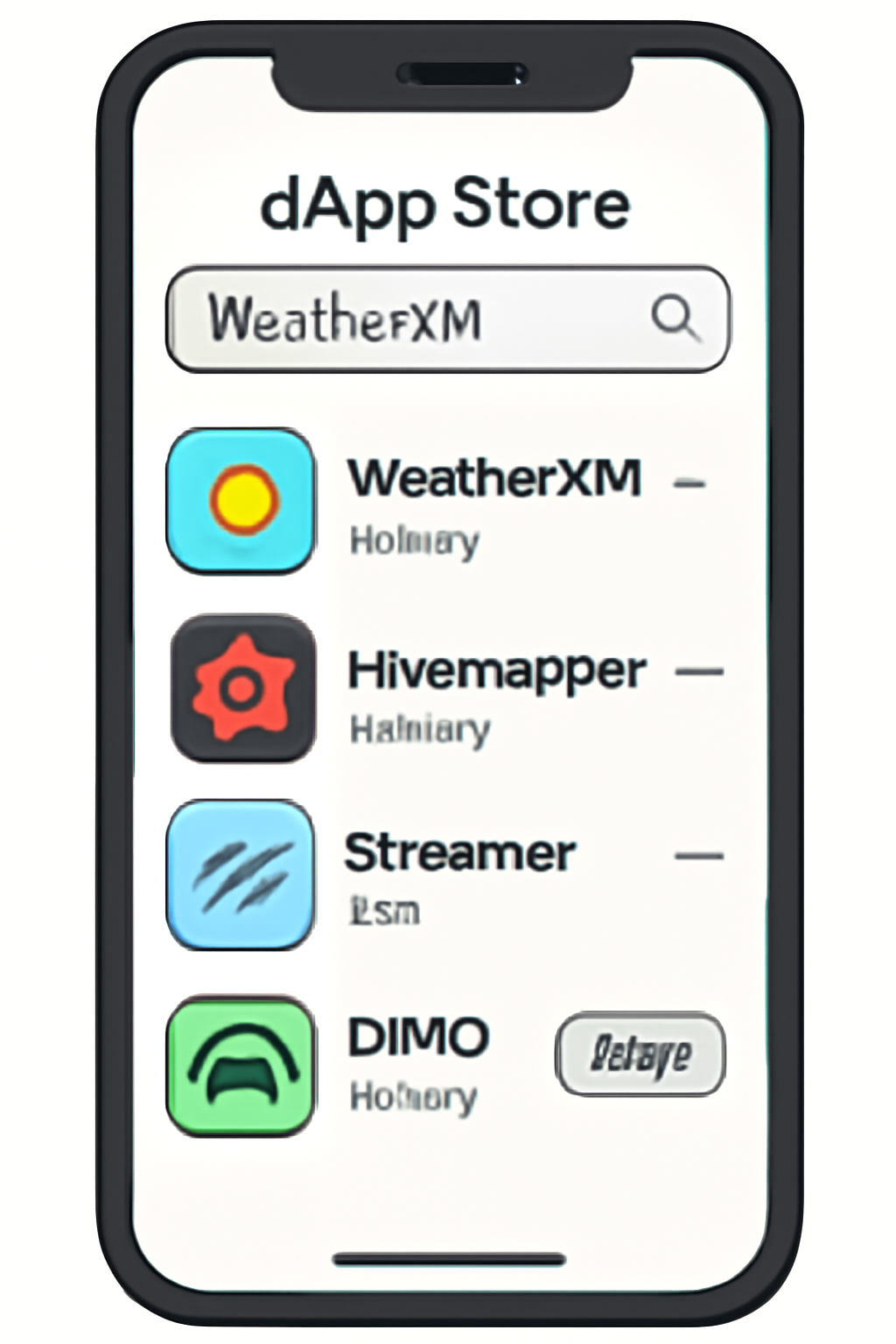 A phone screen showing the dApp Store search results for 'WeatherXM' and other DePIN apps.
