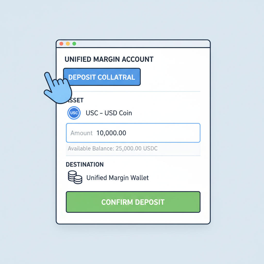 user depositing USDC collateral into unified margin trading account interface