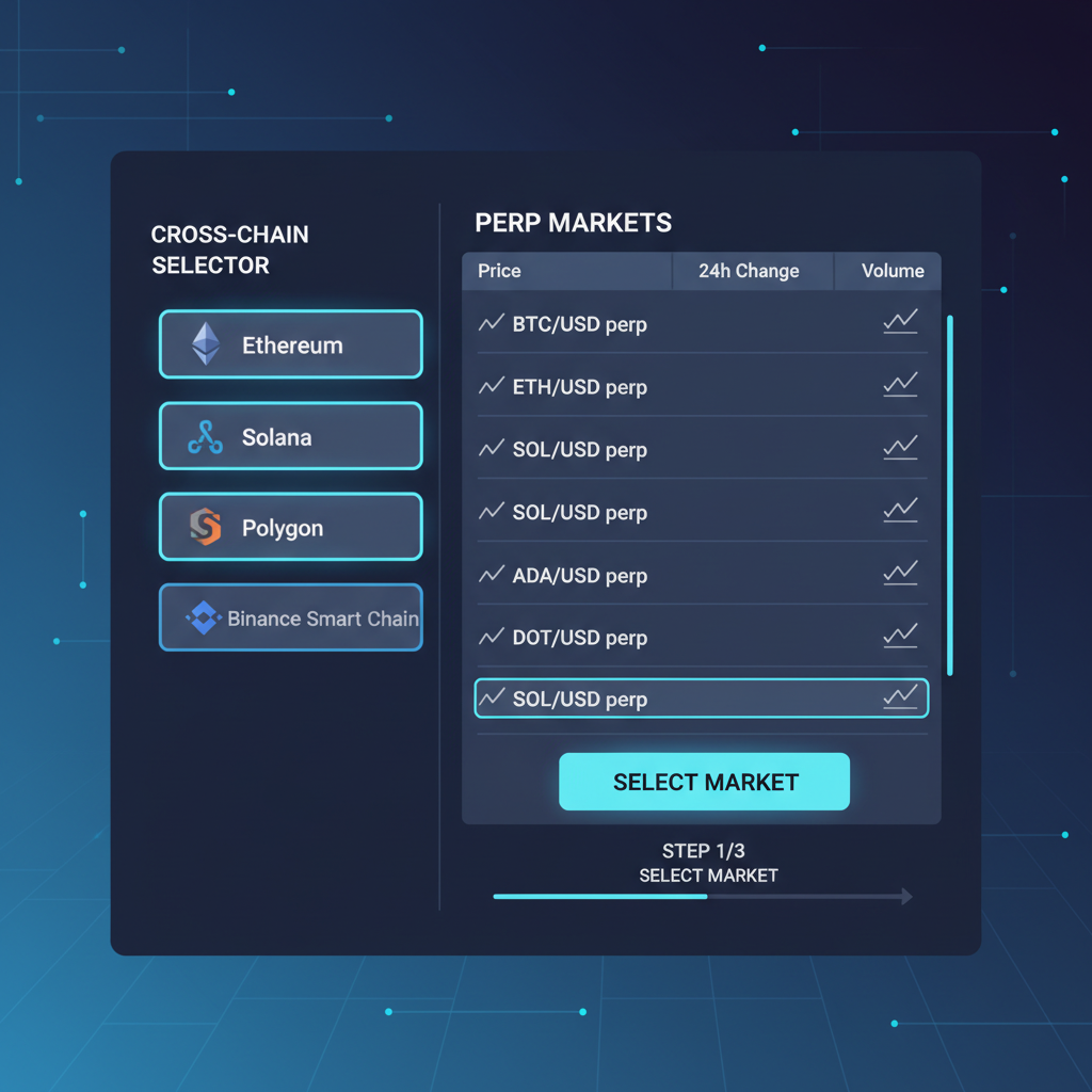 cross-chain selector with perp markets list on high-tech trading UI