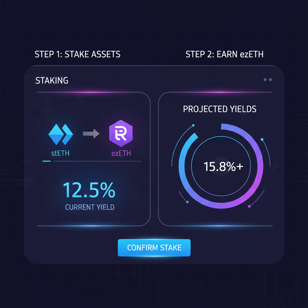 sleek DeFi dashboard staking stETH to ezETH on Renzo, glowing yields, futuristic UI, cyberpunk neon blues
