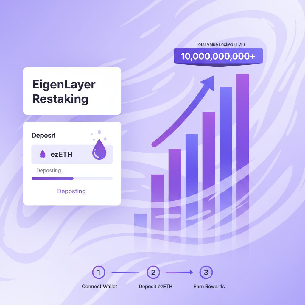 EigenLayer restaking interface depositing ezETH, massive TVL charts exploding upward, ethereal purple energy flows
