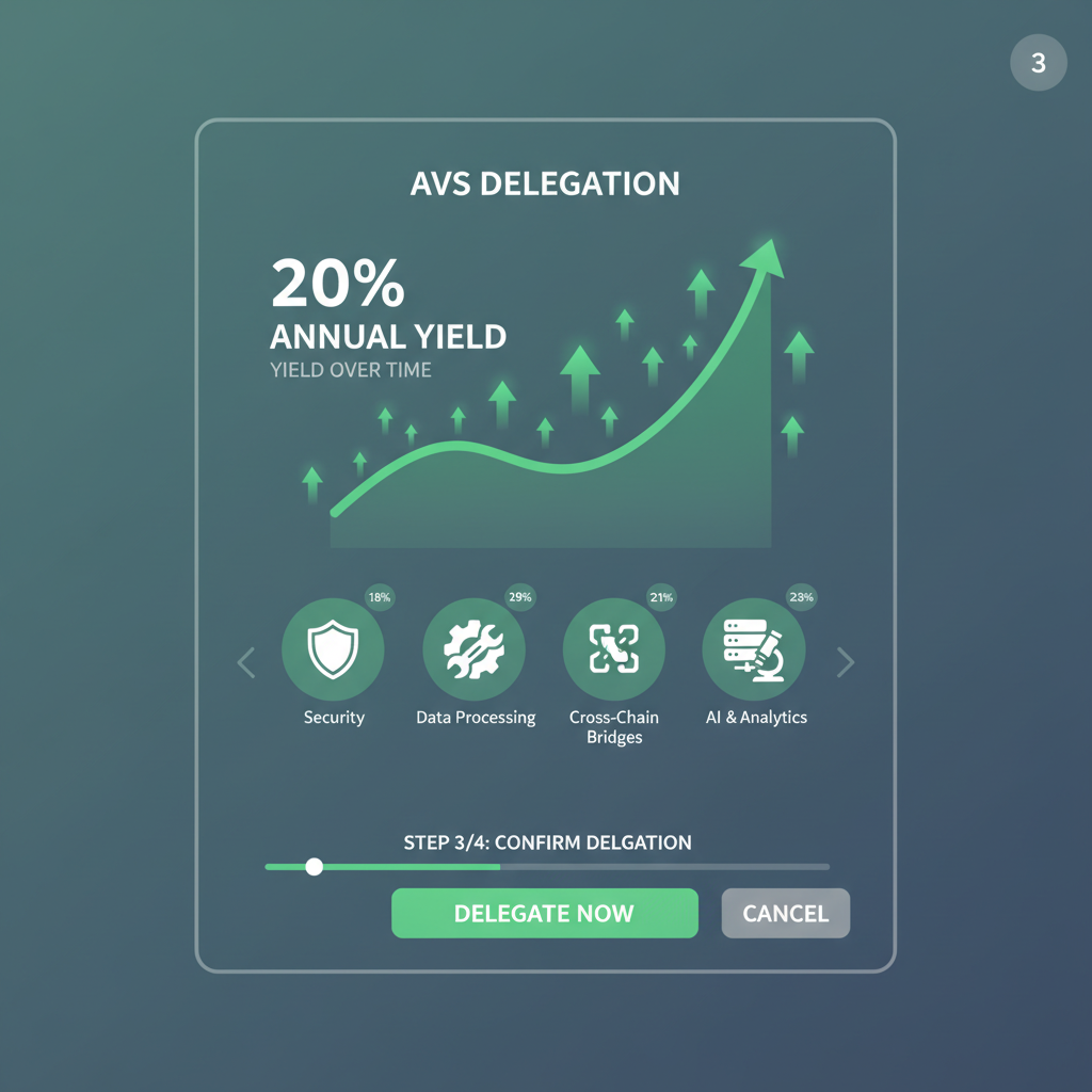 EigenLayer AVS delegation screen with 20% yield charts, diverse service icons, vibrant green growth arrows