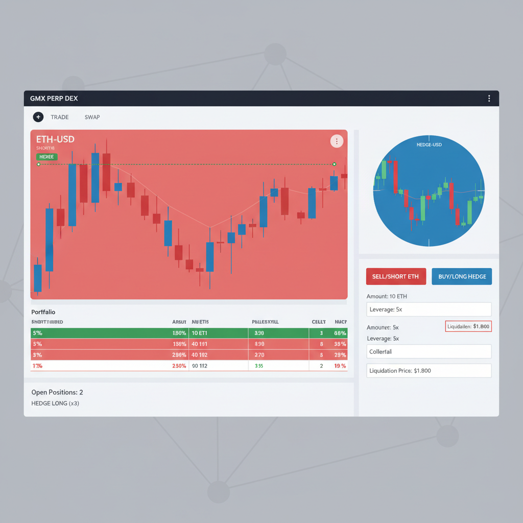 GMX perp DEX trading terminal hedging ETH short, perp charts with hedges, dynamic red-blue candlesticks
