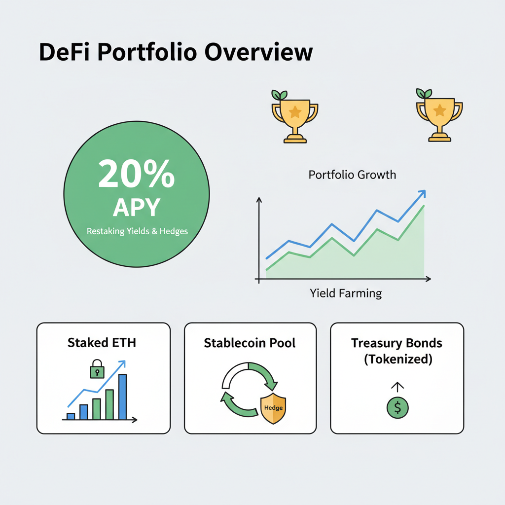 DeFi portfolio dashboard showing 20% APY yields from restaking and hedges, rising graphs, trophy icons