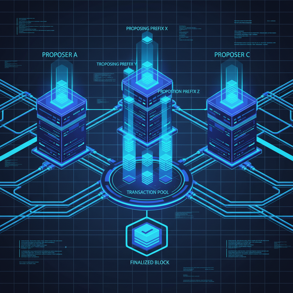 futuristic blockchain nodes proposing transaction prefixes, multi-proposer network glowing blue, cyberpunk style