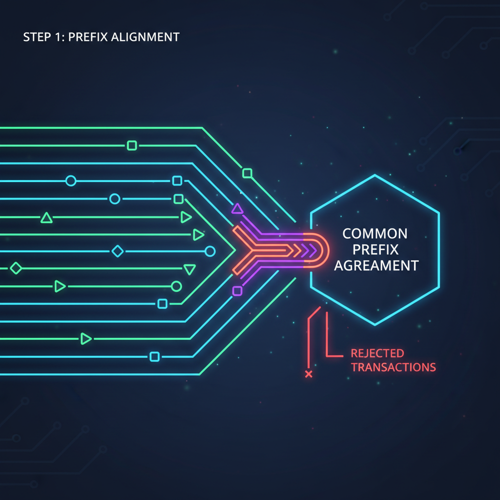 abstract prefix agreement diagram, blockchain transactions aligning into common prefix, neon lines converging