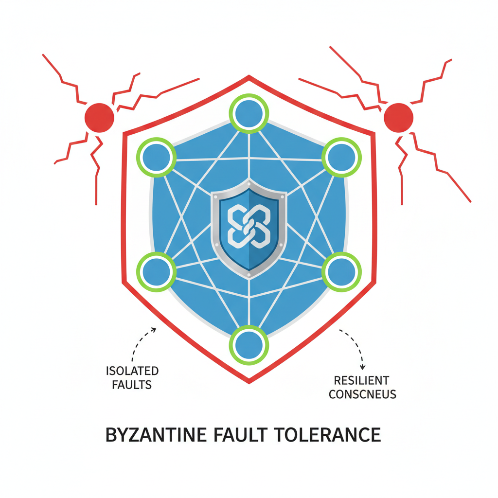 Byzantine fault tolerance visualization, faulty nodes isolated in red, resilient blockchain shield