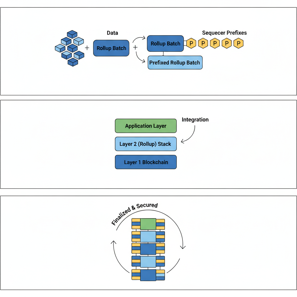 rollup batches integrating with sequencer prefixes, layered blockchain stacks merging