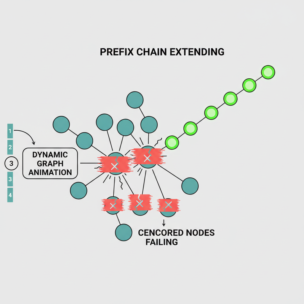 stress test simulation, censored nodes failing but prefix chain extending, dynamic graph animation