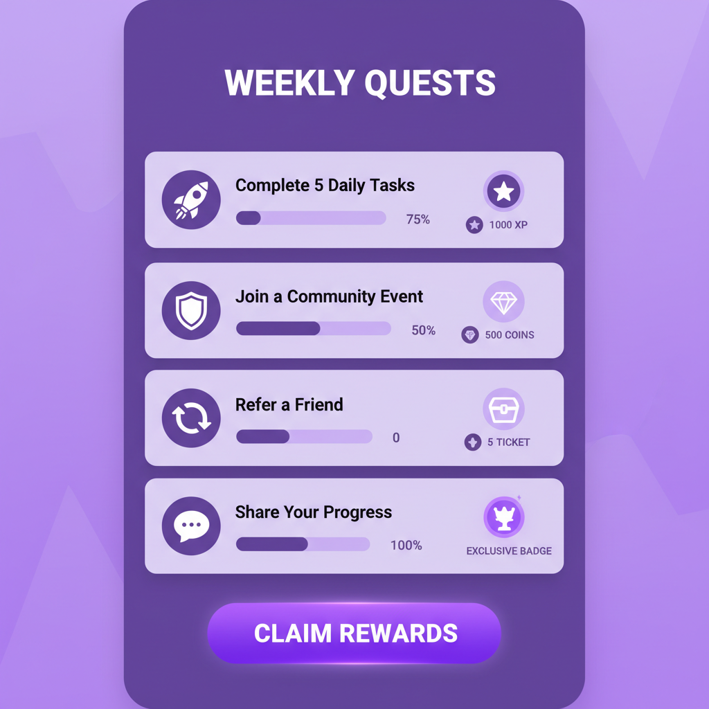 Base App missions dashboard showing weekly quests list, progress bars, rewarding icons, purple theme