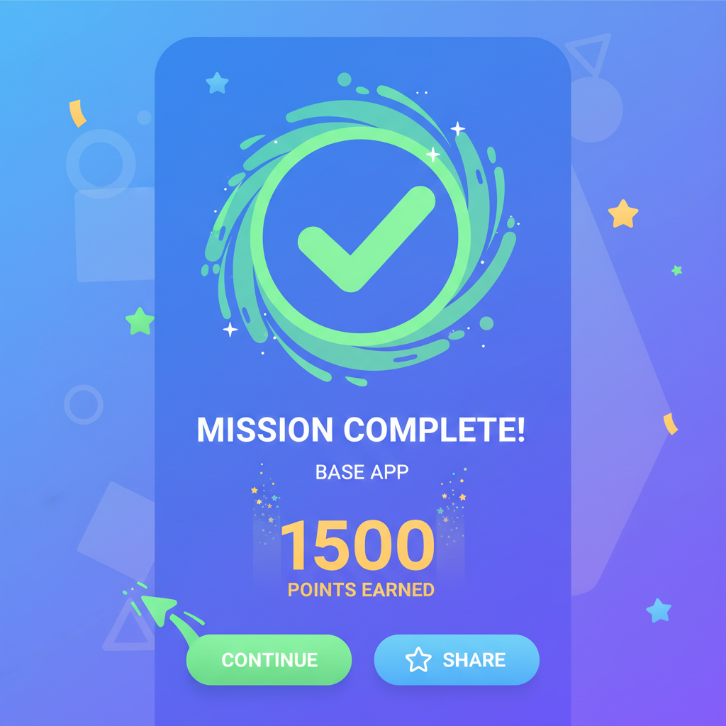 user completing Base App mission, checkmark animations, success screen with points earned, motivational UI