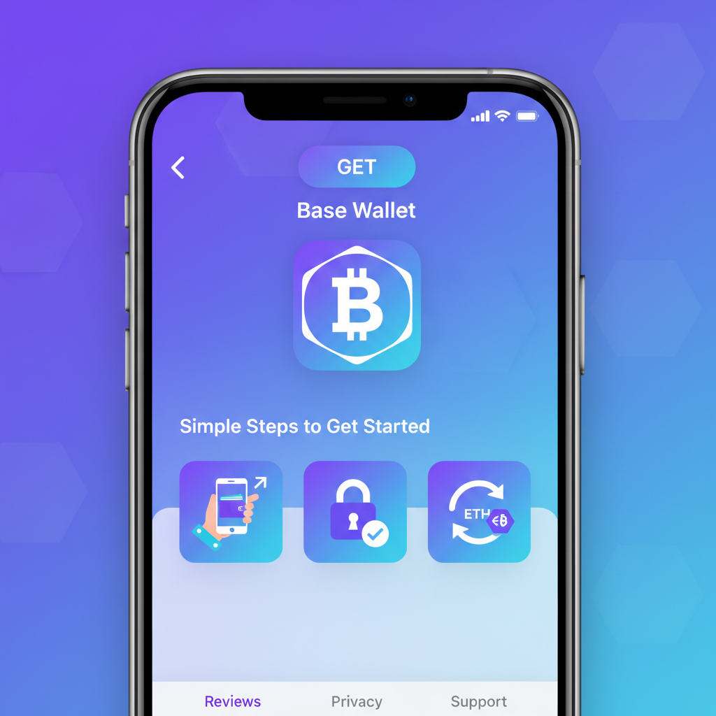 smartphone screen showing Base App download page in app store, vibrant purple and blue Base chain theme, clean modern UI