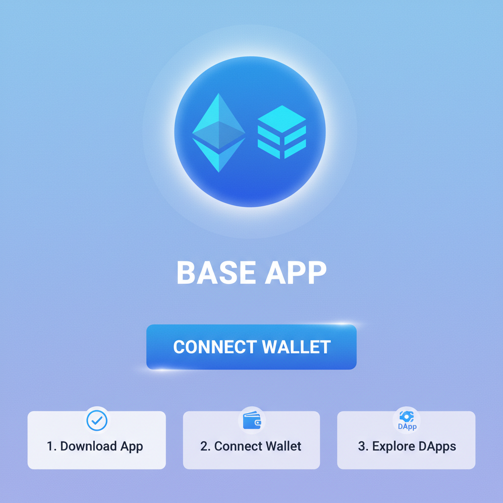 Base App onboarding screen with wallet connect button, Ethereum Base chain logo glowing, simple mobile interface