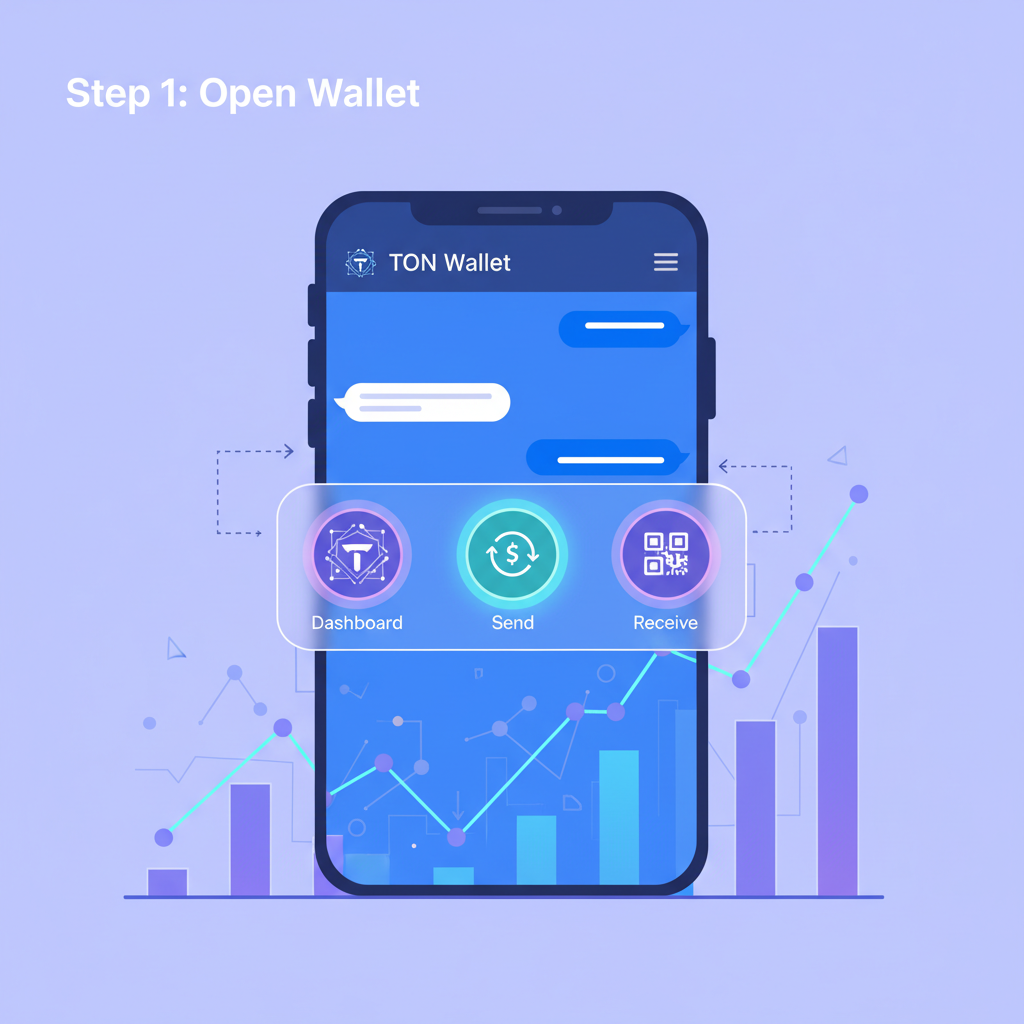 Telegram chat with wallet menu open, glowing TON dashboard futuristic