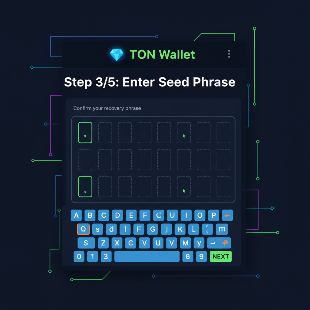 TON wallet setup screen in Telegram mini app, seed phrase entry cyberpunk