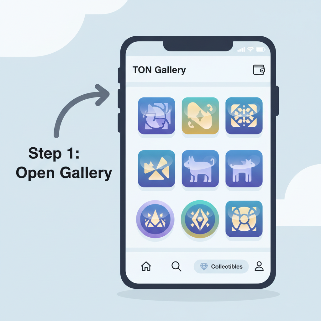 NFT gallery in TON wallet mini app, shiny digital art collectibles