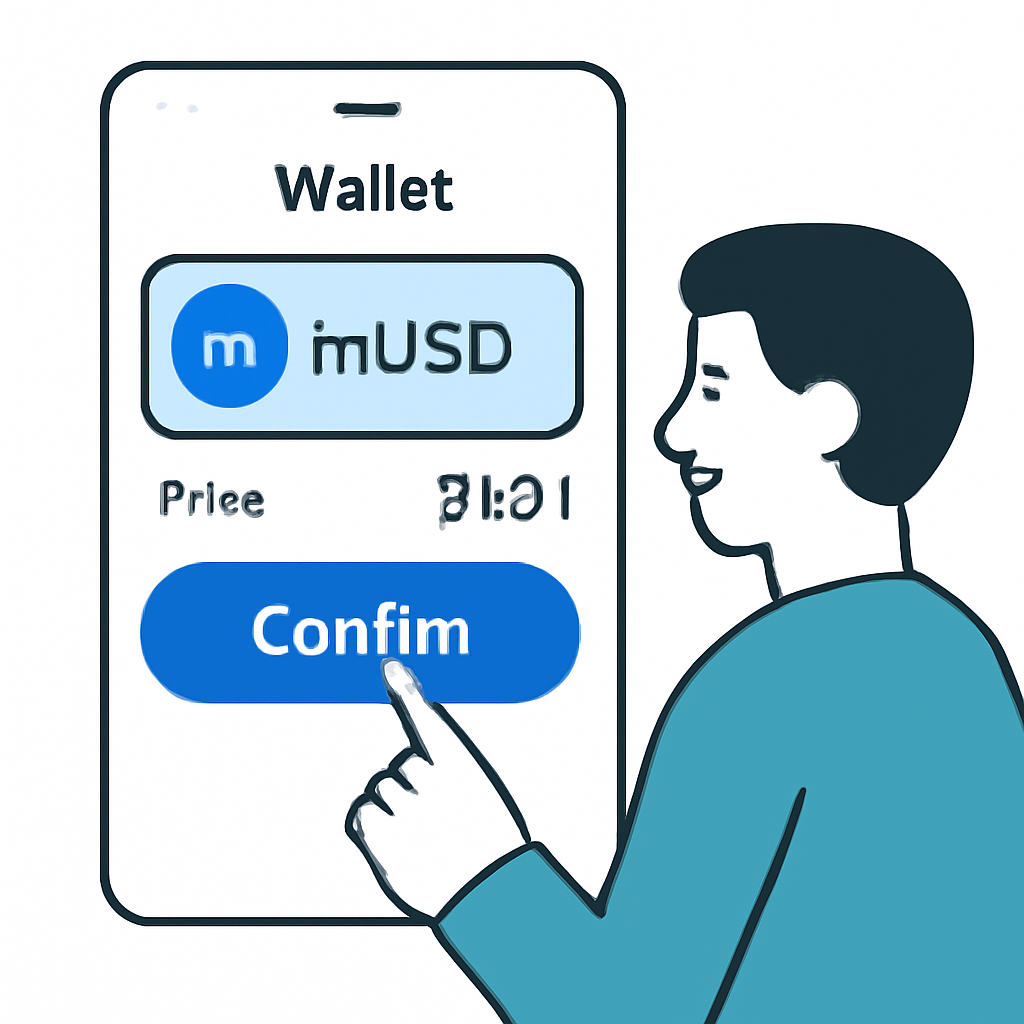 A user confirming a crypto purchase in a wallet app, with mUSD token highlighted and price $1.01 displayed