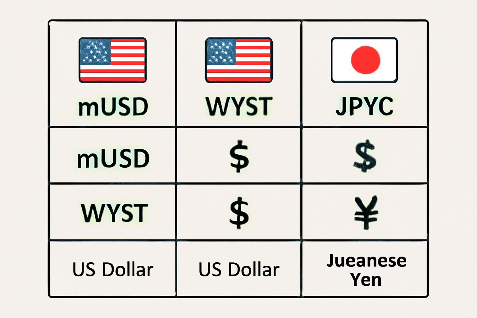 A comparison table showing mUSD, WYST, and JPYC stablecoins with US and Japanese flag icons