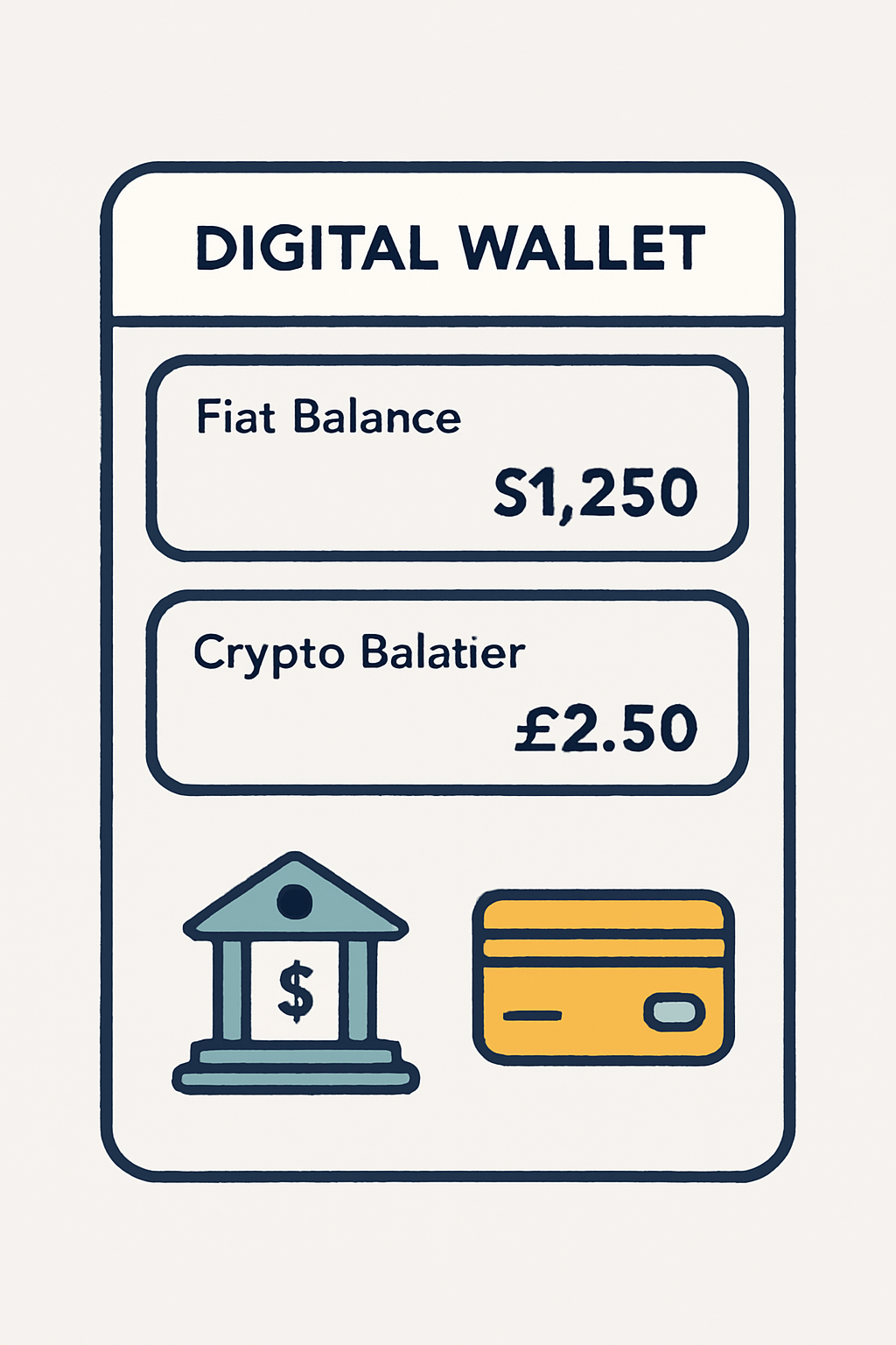 A digital wallet app showing fiat and crypto balances, with a bank transfer and credit card icon